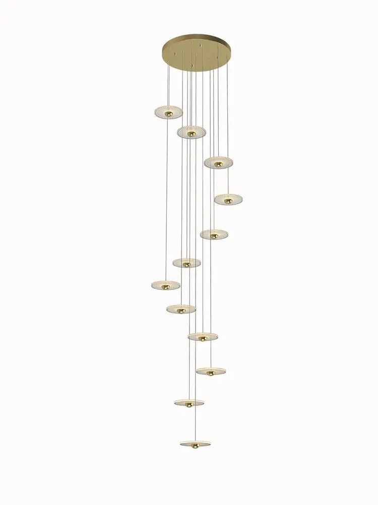 Gold-toned modern decorbites led chandelier with multiple circular light fixtures for revolving staircase or loft villa ceiling