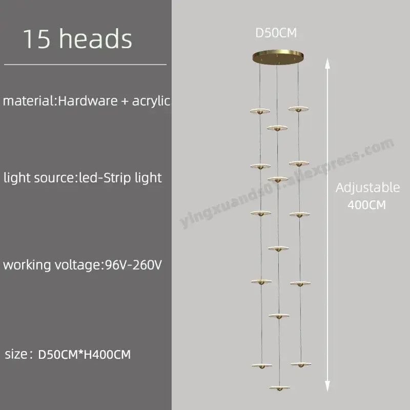 Modern brass-finished decorbites led chandelier with 15 circular led light heads for loft villa ceiling decor