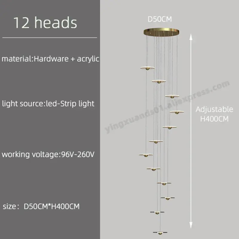 Modern brass-finished decorbites led chandelier with 12 cascading led strip light heads for staircase or loft villa ceiling