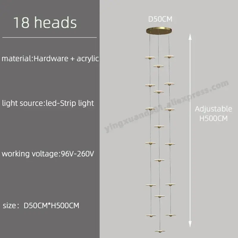 Gold-toned decorbites led chandelier with 18 circular acrylic light heads for revolving staircase or loft villa ceiling hanging lamp