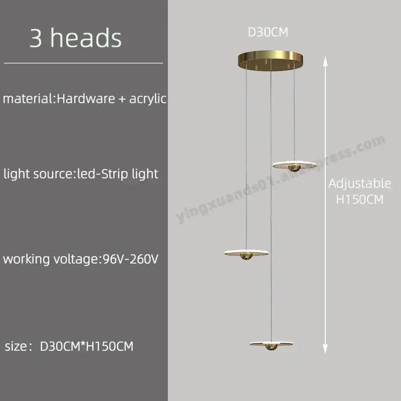 Modern brass-finished decorbites led chandelier with three adjustable circular heads and led strip lighting for loft villas