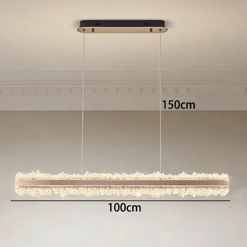 A modern decorbites led chandelier with a black and gold fixture and cascading clear crystal beads for stylish living room decor