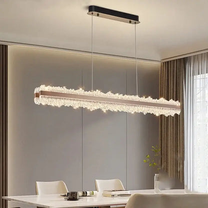 Modern rectangular decorbites led chandelier with sleek black top copper frame and cascading clear crystals for living room decor