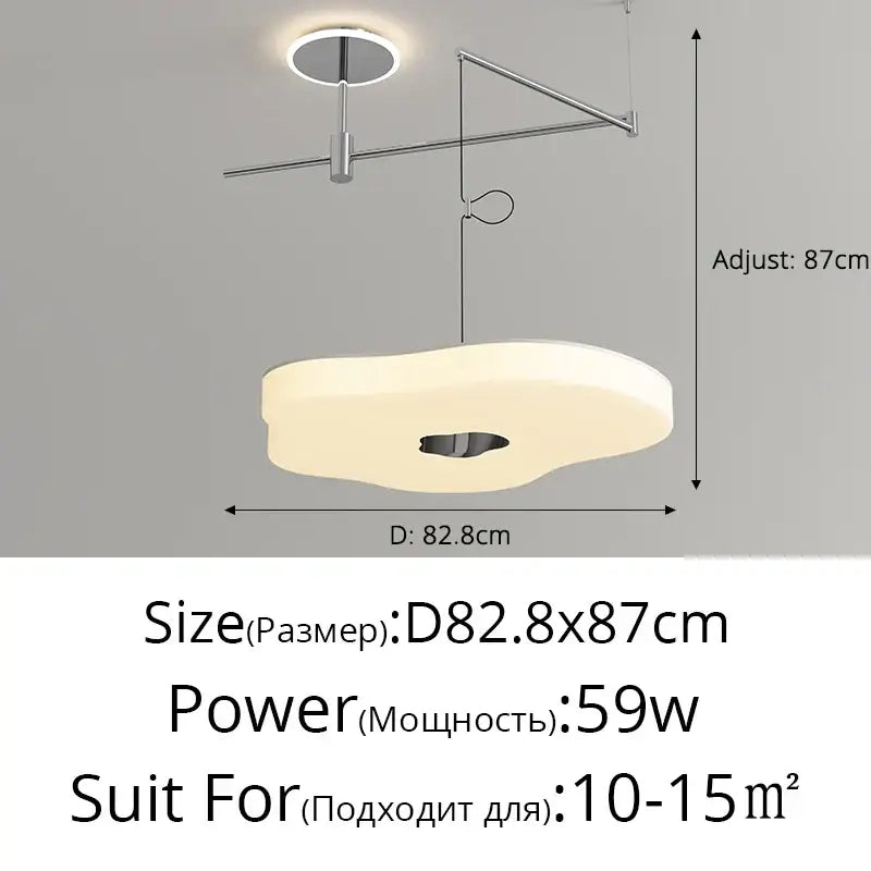 Modern minimalist decorbites led chandelier with a sleek white cloud-like diffuser and polished chrome arm for indoor use