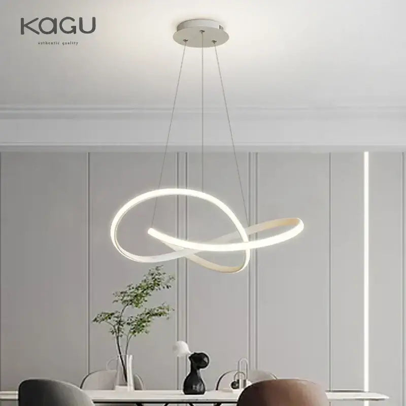 Modern minimalist DecorBites LED chandelier light with two interlocking white aluminum acrylic rings for dining rooms