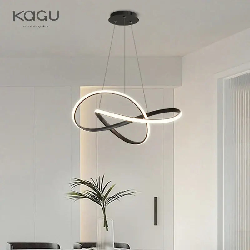 Modern black and white aluminum acrylic DecorBites led chandelier light with sleek intertwined ring design for dining rooms