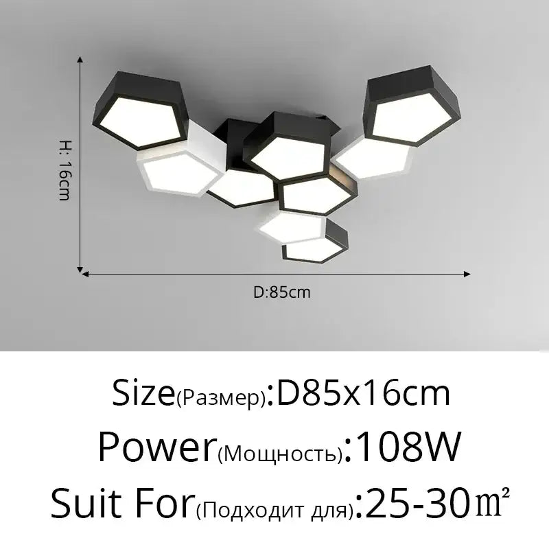 Modern black hexagonal led chandelier with white illuminated panels by DecorBites for minimalist indoor lighting