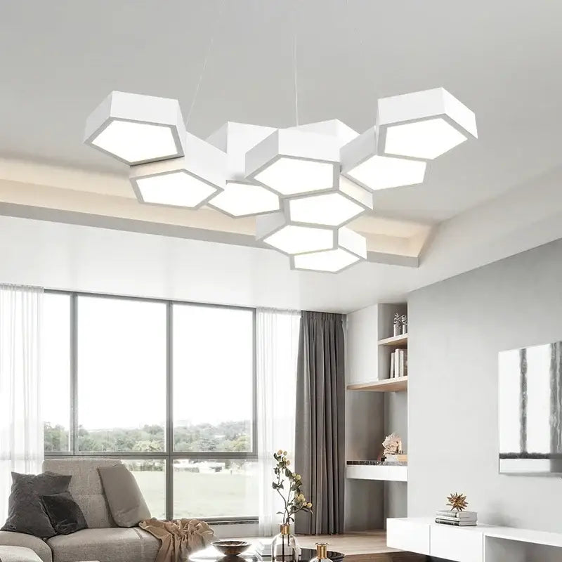 Modern white hexagonal decorbites led chandelier pendant with sleek geometric design for minimalist indoor lighting