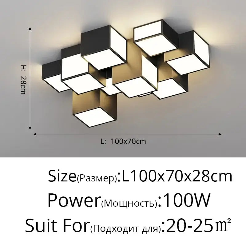Modern geometric decorbites led chandelier with black and gold finish featuring illuminated asymmetrical cube panels