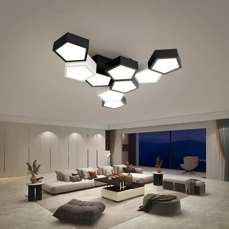 Modern black and white hexagonal led chandelier pendant light by decorbites with remote dimming for indoor use