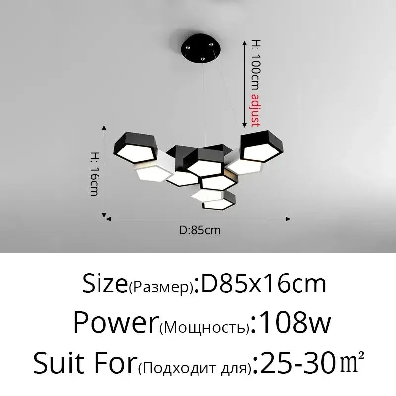 Modern black and white hexagonal led chandelier by decorbites with adjustable height and remote dimming for indoor use