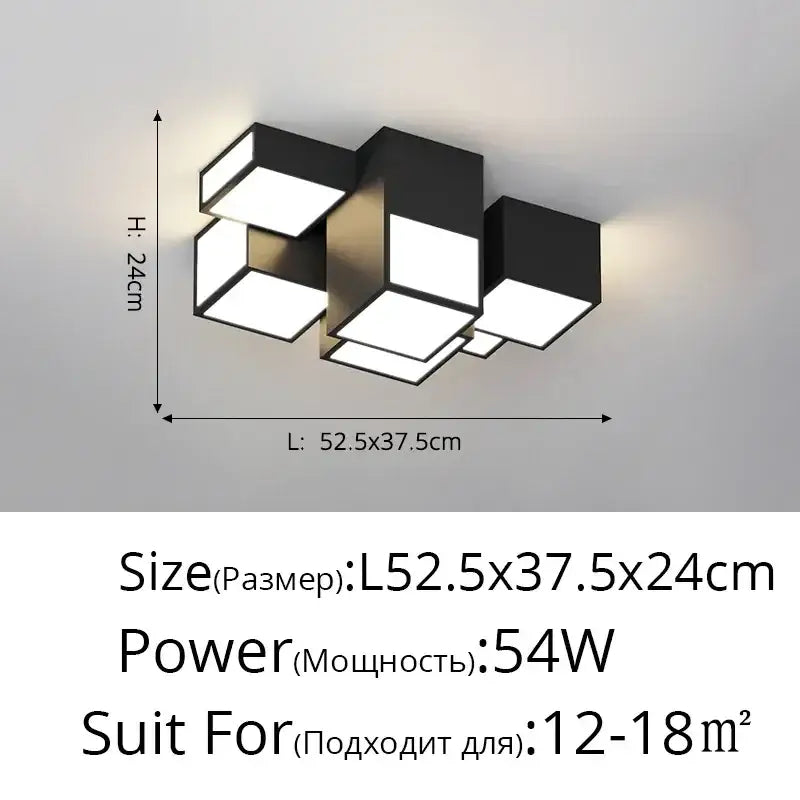 Modern black and gold geometric DecorBites LED chandelier with illuminated square panels for minimalist indoor lighting