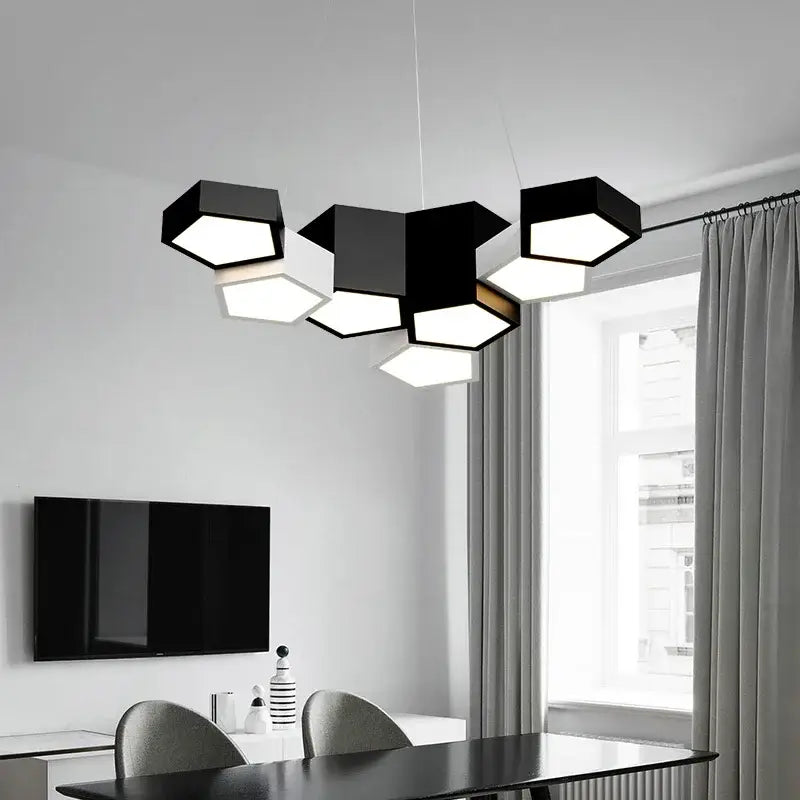 Black geometric decorbites led chandelier with illuminated hexagonal light fixtures for minimalist indoor lighting
