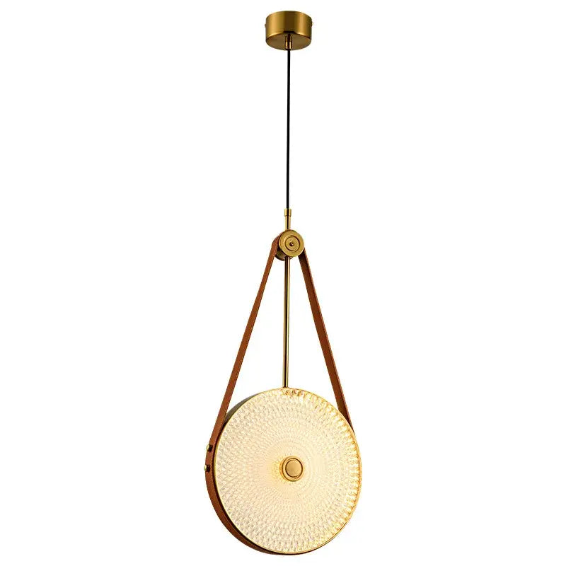 DecorBites led chandelier with circular textured glass shade, brass hardware, and leather straps for dining room lighting