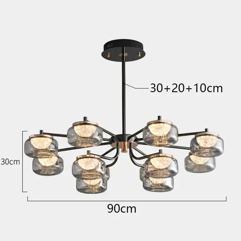 Modern black metal decorbites led chandelier with eight frosted glass globes and brass accents for living room lighting