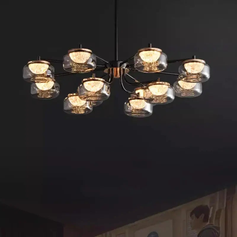 Decorbites led chandelier with clear glass globe shades and brass accents for living bedroom and dining room lighting