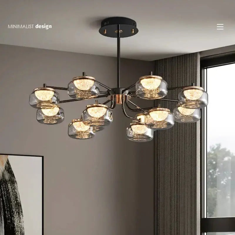 Modern minimalist black metal decorbites led chandelier with clear glass globe shades for living and dining rooms