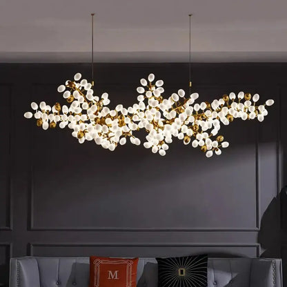 Gold-toned DecorBites LED chandelier lighting with frosted glass globes resembling blossoms for living room and bedroom