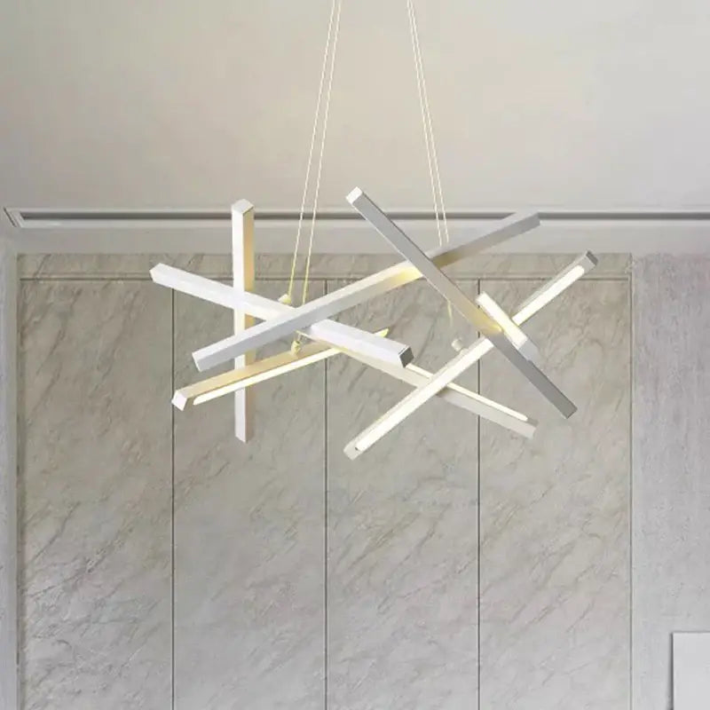 Modern white and gold geometric decorbites led chandelier with intersecting rectangular bars for living room lighting