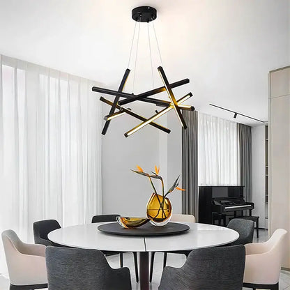 Modern black and gold geometric decorbites led chandelier with intersecting rods for living room and dining room lighting