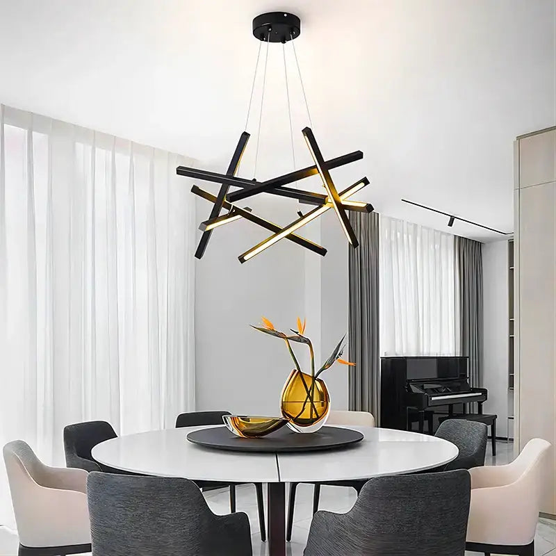 Modern black and gold geometric decorbites led chandelier with intersecting rods for living room and dining room lighting