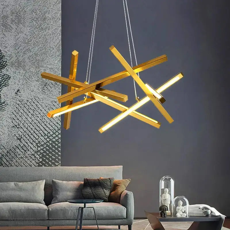 Gold-colored decorbites led chandelier with intersecting rectangular bars and illuminated edges for living room decor