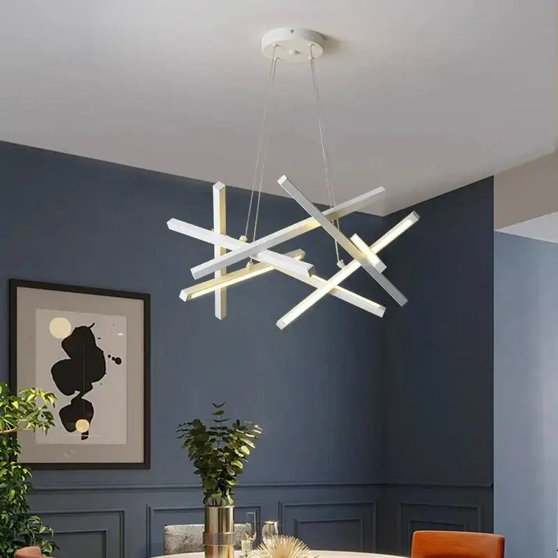 Modern white DecorBites LED chandelier with intersecting geometric bars for living room and bedroom lighting