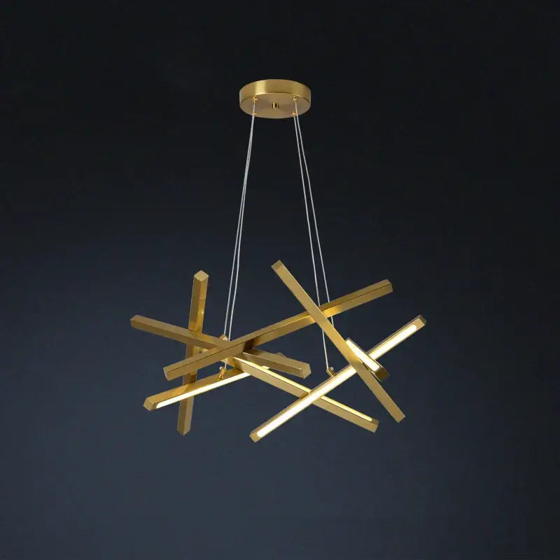 Modern gold-toned decorbites led chandelier with intersecting geometric bars and illuminated led strips for elegant lighting