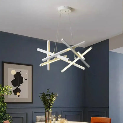 Modern white decorbites led chandelier with intersecting geometric bars for living room bedroom and dining areas