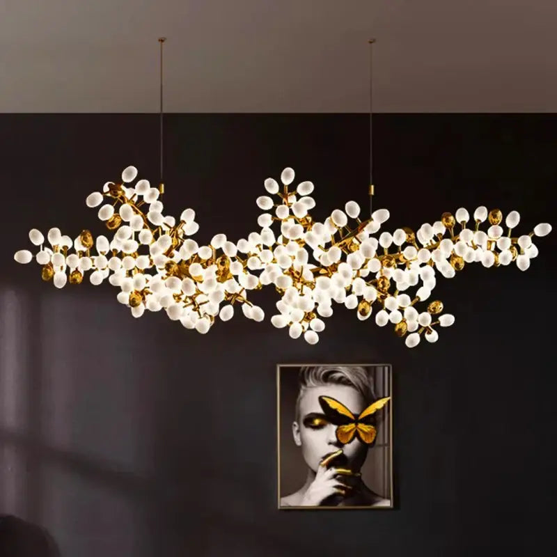 Gold-toned DecorBites LED chandelier lighting with frosted glass orb clusters for living room dining room decor