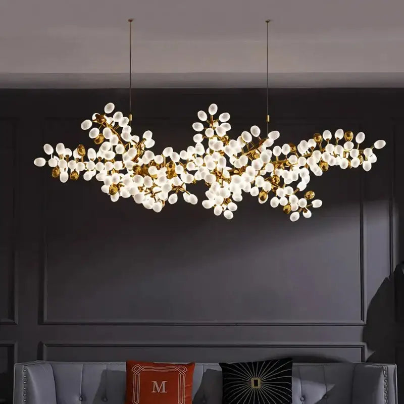 Gold-toned DecorBites LED chandelier lighting with frosted glass globe bulbs in a branching design for living spaces
