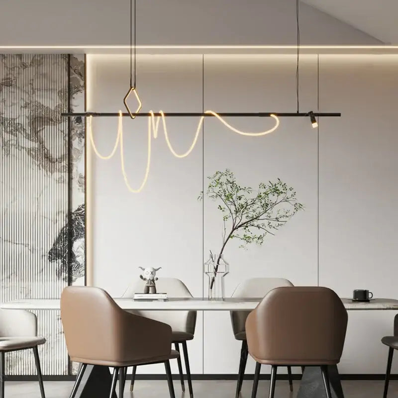 Modern minimalist decorbites led chandelier with sleek black frame and warm golden led strips in abstract wave pattern