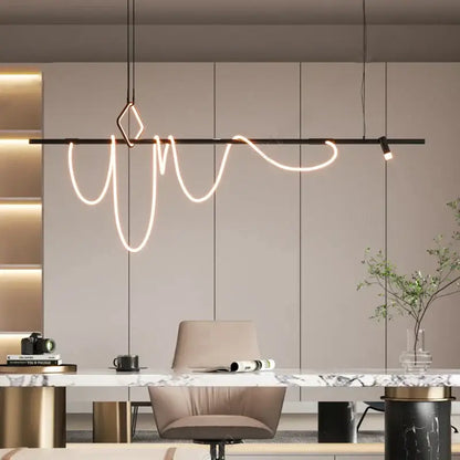 Modern black metal decorbites led chandelier with glowing white led curves and geometric diamond-shaped accent for home decor