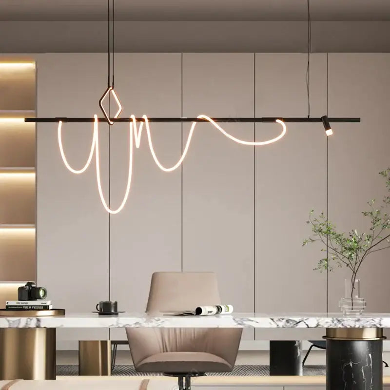 Modern black metal decorbites led chandelier with glowing white led curves and geometric diamond-shaped accent for home decor