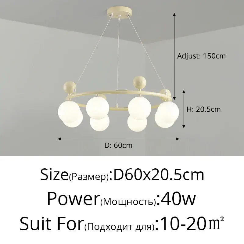 Cream-colored decorbites led chandelier with circular frame and six frosted glass globe bulbs for indoor lighting