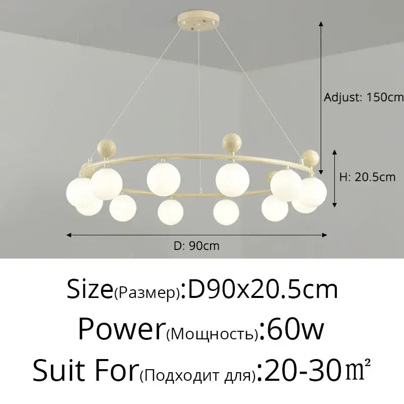 Modern cream-colored decorbites led chandelier with circular frame and multiple spherical glass bulbs for indoor lighting