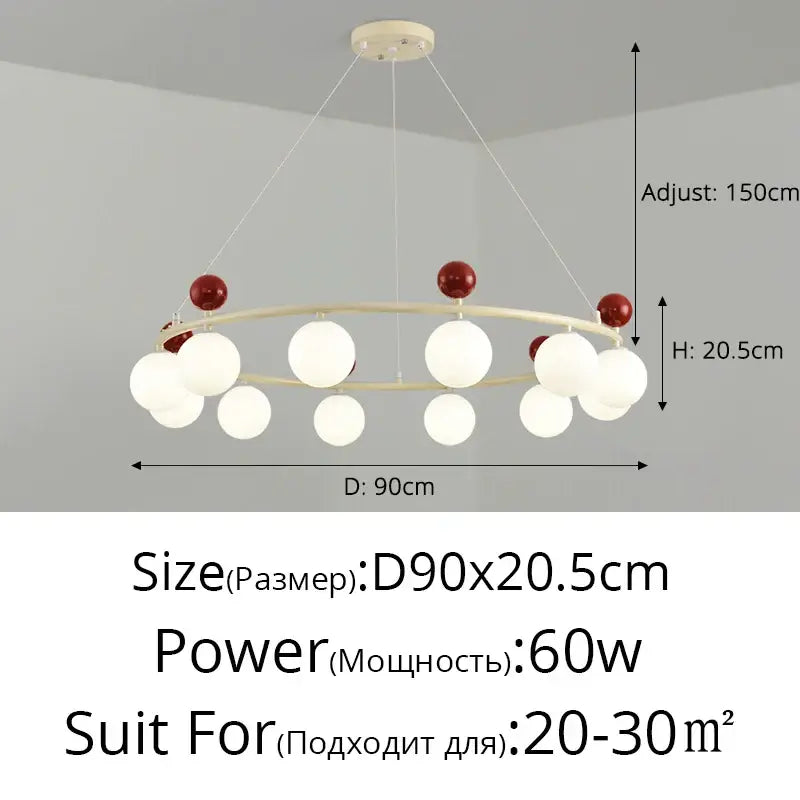 Modern circular decorbites led chandelier with light wood frame white frosted globes and red spherical accents for indoor use