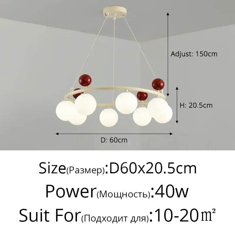 Modern decorbites led chandelier with circular frame, white frosted glass globes, and glossy red spherical accents for indoor lighting