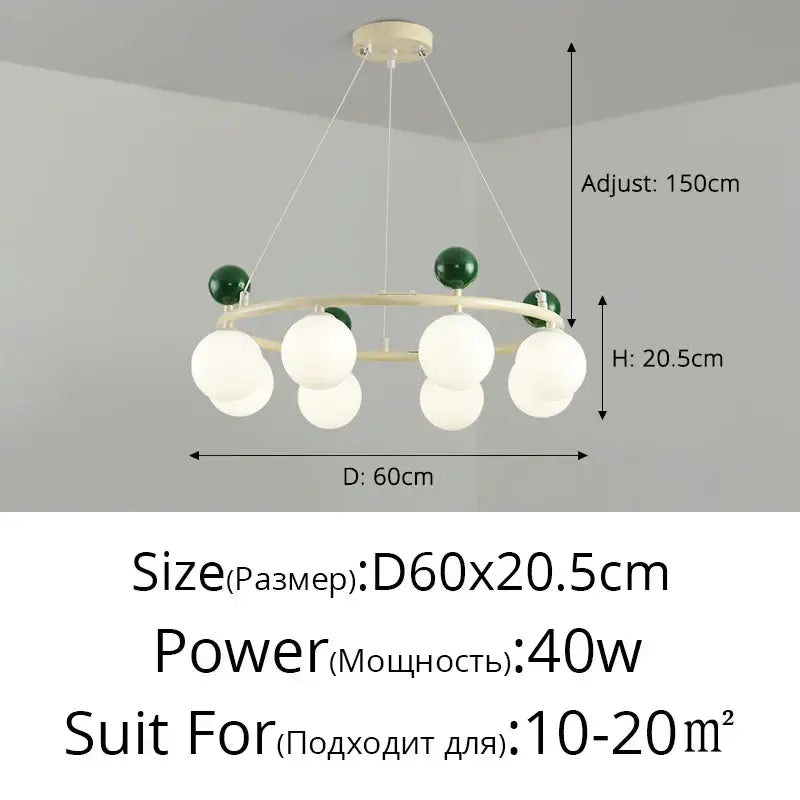 Modern minimalist decorbites led chandelier with cream circular frame green accents and white frosted glass globes