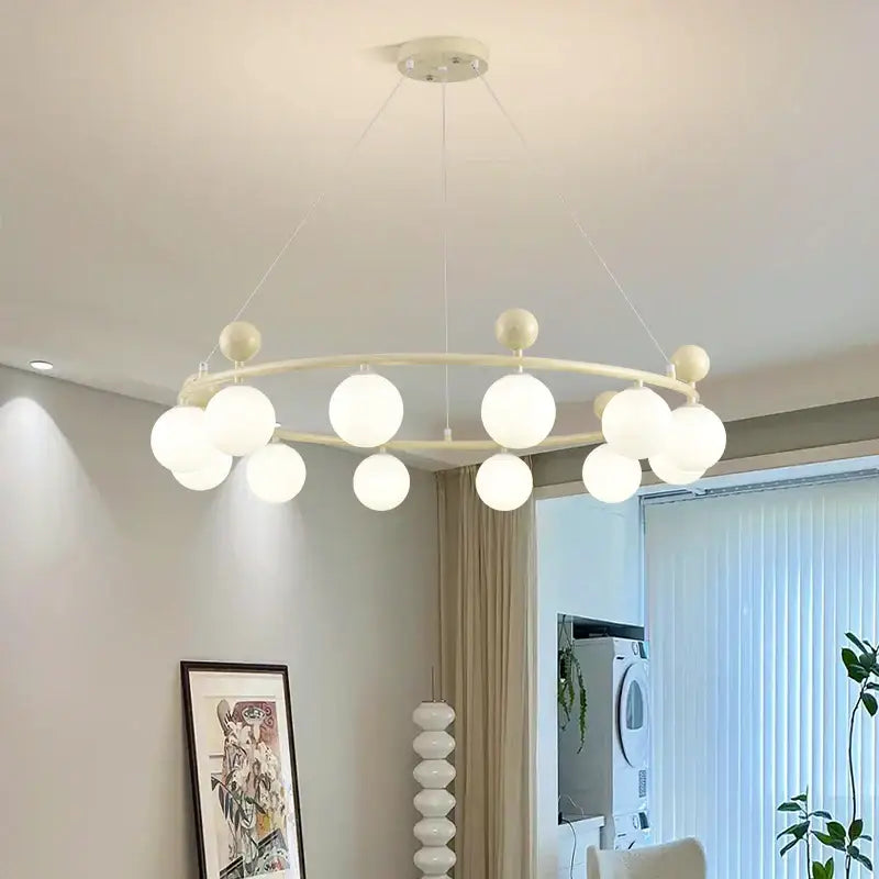 Off-white off-white modern decorbites led chandelier with circular frame and multiple spherical glass bulbs for indoor use