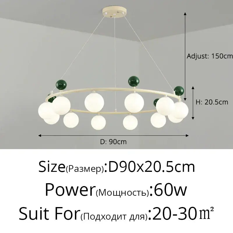 Modern circular decorbites led chandelier with cream metal frame white frosted glass and dark green accent spheres