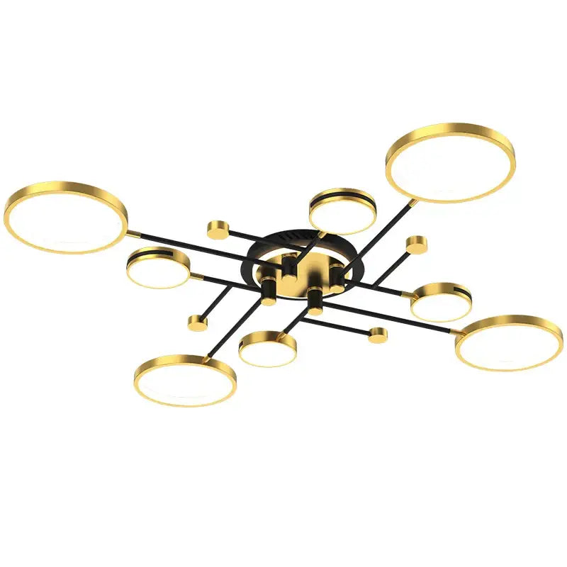 Modern decorbites led chandelier lights with black and gold base and circular golden rings housing bright led lights