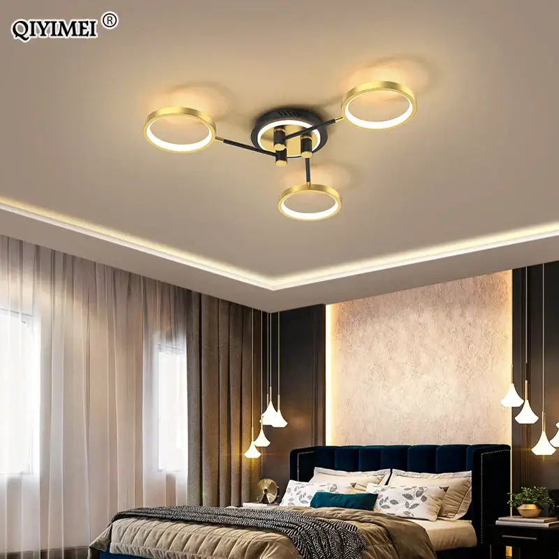 Modern decorbites led chandelier lights with three glowing circular rings, gold accents, and dimmable remote control features