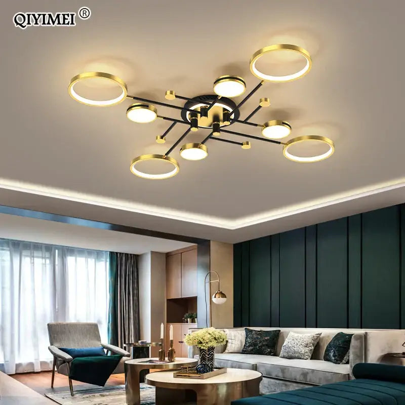 Gold-toned circular decorbites led chandelier lights with modern geometric design and dimmable remote control features