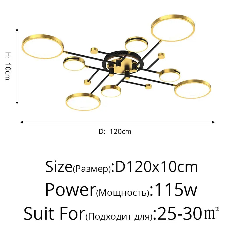 Modern gold and black decorbites led chandelier with multiple illuminated rings dimmable for home lighting