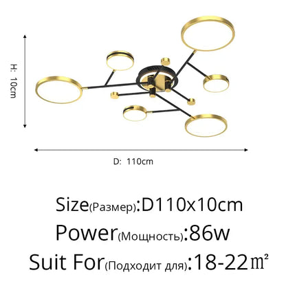 Modern decorbites led chandelier with black and gold metal frame and six asymmetrical circular led chandelier lights