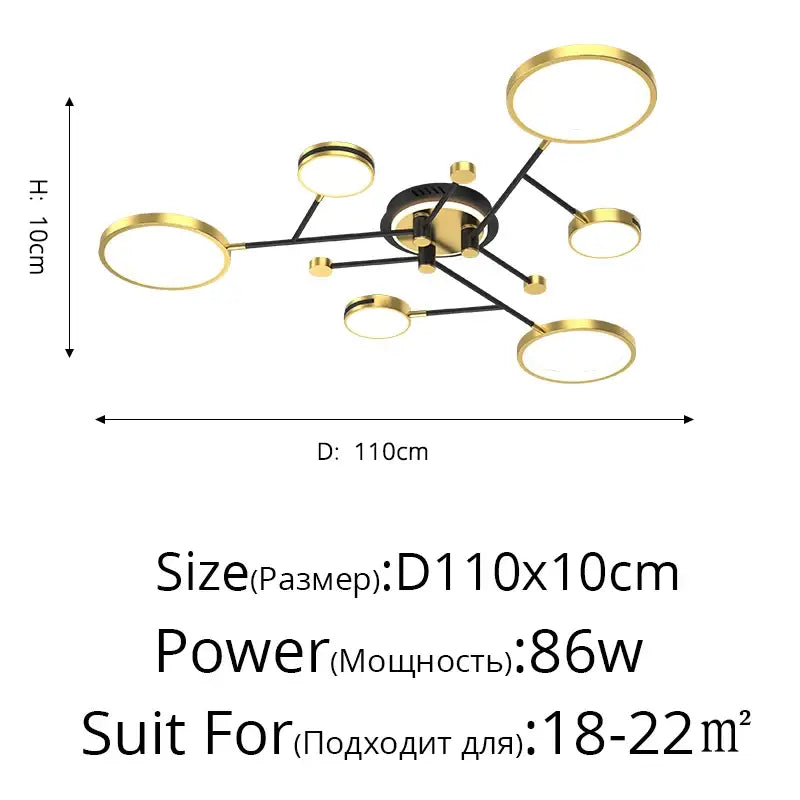Modern decorbites led chandelier with black and gold metal frame and six asymmetrical circular led chandelier lights