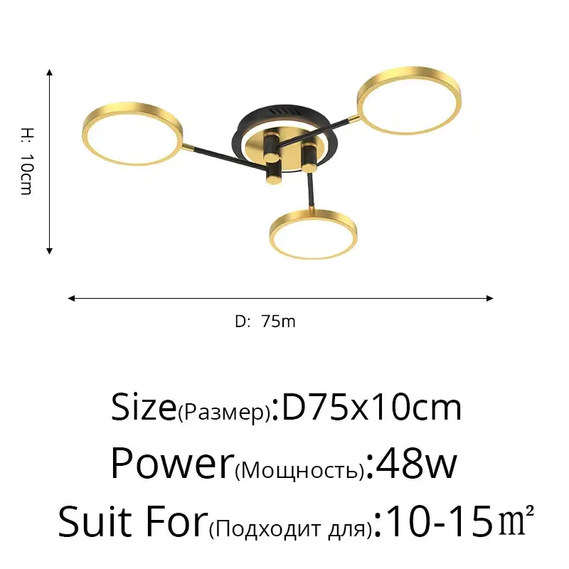 Modern ceiling chandelier lights with three gold rings and black gold base decorbites led chandelier for contemporary interiors