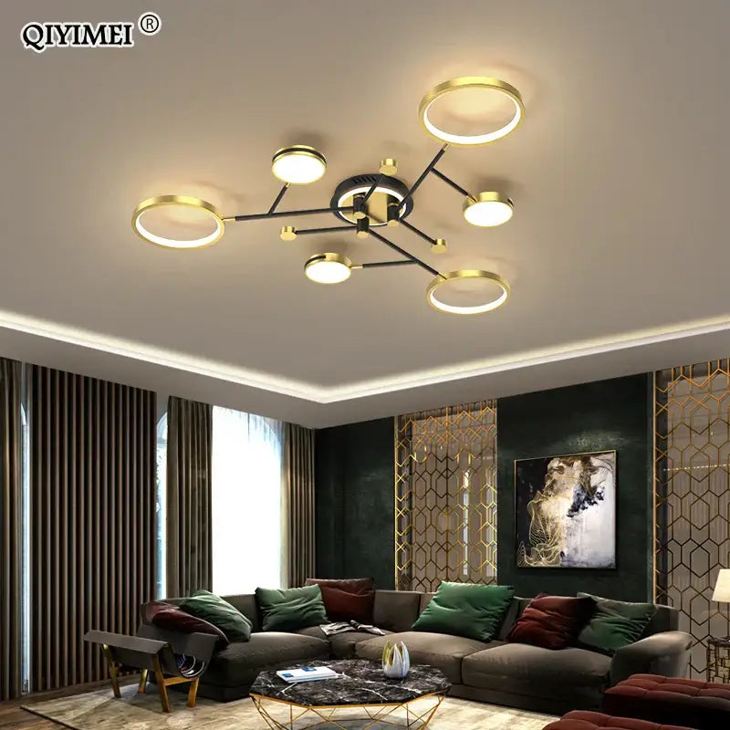 Modern gold and black geometric decorbites led chandelier lights with circular rings for dimmable home lighting