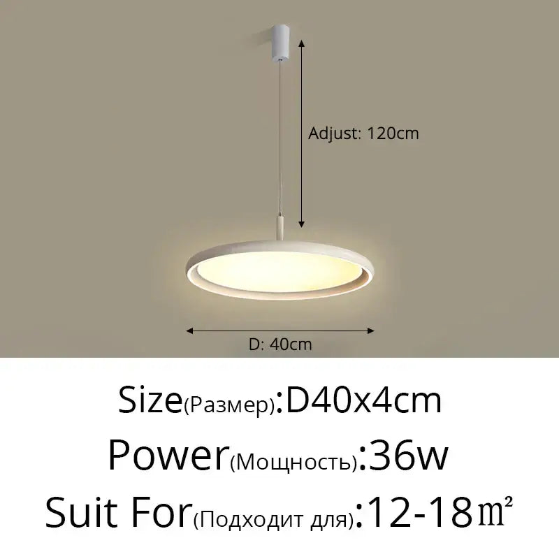 White circular DecorBites LED chandelier pendant light with sleek modern design and adjustable hanging length for home use